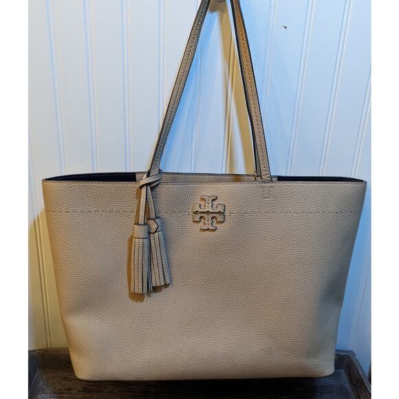 Tory Burch Pink Sand Leather Large Tote Bag with Tassel - Picture 1 of 10